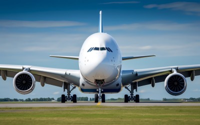 Полный вид спереди на крылья Airbus, авиакомпания приземляется на взлетно-посадочной полосе 140