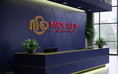 Maqueta realista del logotipo de la pared azul en el mostrador de recepción de la oficina o del hotel con diseño de computadora psd