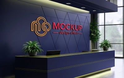 Maquete realista do logotipo da parede azul na recepção do escritório ou do hotel com design de computador psd