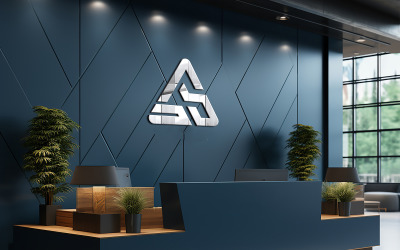 Ofiste veya bilgisayarlı otel resepsiyon masasında gerçekçi mavi duvar logosu maketi