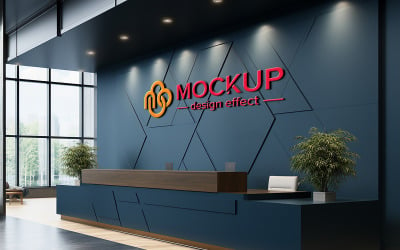 Realistic blue wall logo mockup in office or hotel reception desk with computer psd