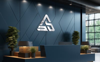 Realistic blue wall logo mockup in office or hotel reception desk with computer