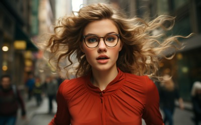 super-héros féminin portant une robe rouge et courant dans la rue de la ville 12