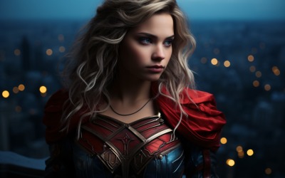 Jeune modèle de super-héros féminin debout sur le bâtiment de la zone urbaine 21