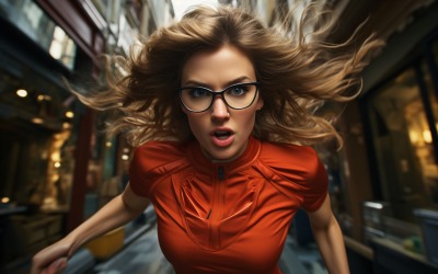 superbohaterka ubrana w czerwoną sukienkę i biegnąca ulicą miejską 7