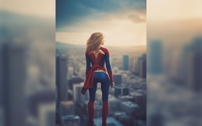 Young female superhero model standing on building urban area 79