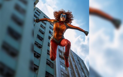 Vrouwelijke superheld meisje boze uitdrukkingen springen gebouw 108