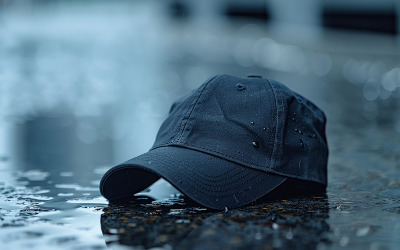 Черная кепка на дороге_пустая кепка под дождем_макет пустой кепки