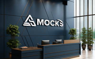 Desk wall logo mockup in office or hotel reception desk with computer