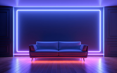 Obývací pokoj_luxusní obývák_obývací pokoj s pohovkou a neonovou akční stěnou_luxusní obývák na neonu