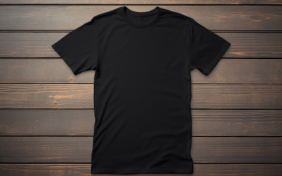 Висит черная футболка_висит пустая футболка на деревянной стене_пустой мужской макет футболки