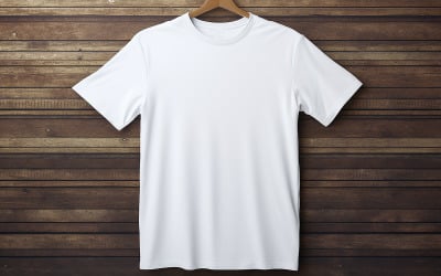 Design de camiseta branca pendurada_Pendurar camiseta masculina em branco na madeira_camiseta branca na parede