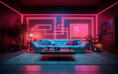 Obývací pokoj_luxusní obývák_obývací pokoj s pohovkou a neonovými akčními_luxusní obývák s neonovým světlem