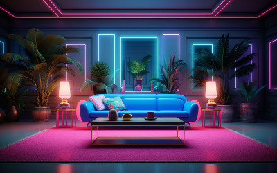 Prémiový neonový obývací pokoj_luxusní obývací pokoj_obývací pokoj s pohovkou_obývací pokoj s neonovým efektem