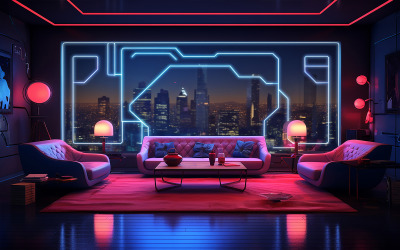 Wohnzimmer mit Sofa und Neon-Action_Luxus-Wohnzimmer auf dem Glas mit Blick auf die Stadt