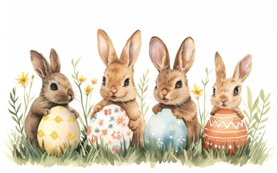 Akvarell húsvéti nyuszik színes húsvéti tojásokkal 19