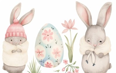 Akvarell húsvéti nyuszik színes húsvéti tojásokkal 62