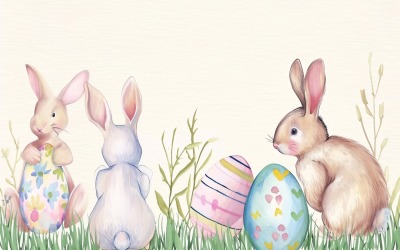 Akvarelové velikonoční zajíčci s barevnými velikonočními vejci 3