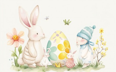 Akvarelové velikonoční zajíčci s barevnými velikonočními vejci 71