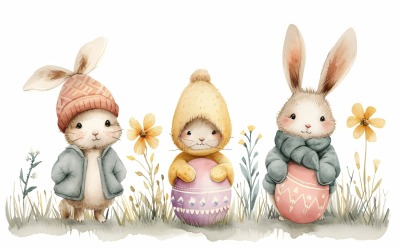 Watercolour Easter Bunnies With Colourful Easter Eggs 39