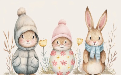 Watercolour Easter Bunnies With Colourful Easter Eggs 56