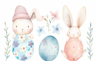 Akvarell húsvéti nyuszik színes húsvéti tojásokkal 85