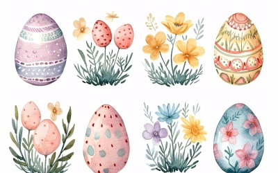 Huevo de Pascua decorativo de acuarela colorida y flor de primavera 114
