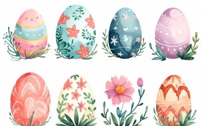 Huevo de Pascua decorativo de acuarela colorida y flor de primavera 136