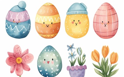 Huevos decorativos con un sombrero en los ojos cerca de un huevo de Pascua gigante 125