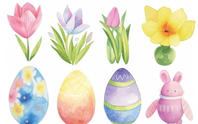 Renkli Suluboya Dekoratif Paskalya Yumurtası ve Bahar Çiçeği 110