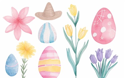 Színes akvarell dekoratív húsvéti tojás és tavaszi virág 109