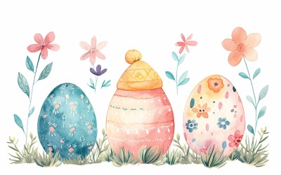 Színes akvarell dekoratív húsvéti tojás és tavaszi virág 140