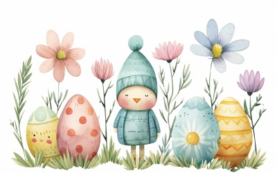 Uova decorative con un cappello sugli occhi vicino all&amp;#39;uovo di Pasqua gigante 123