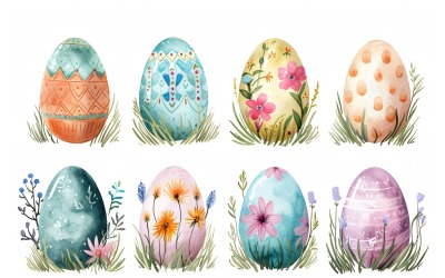 Uovo di Pasqua decorativo acquerello colorato e fiore primaverile 133