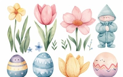 Barevné akvarelové dekorativní velikonoční vajíčko a jarní květina180