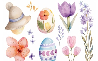 Oeuf de Pâques décoratif aquarelle colorée et fleur de printemps 193