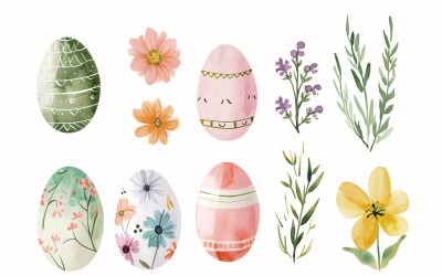 Renkli Suluboya Dekoratif Paskalya Yumurtası ve Bahar Çiçeği 196