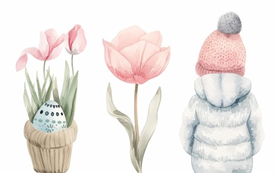 Színes akvarell dekoratív húsvéti tojás és tavaszi virág 171