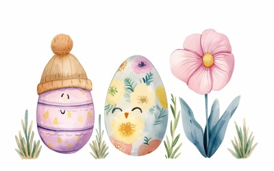Színes akvarell dekoratív húsvéti tojás és tavaszi virág 178