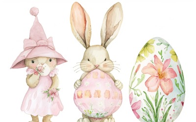 Watercolour Easter Bunnies With Colourful Easter Egg 153