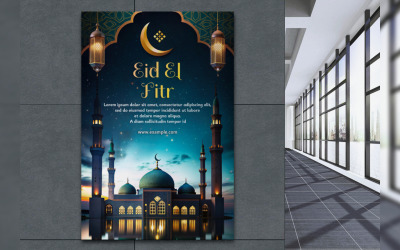 Um pôster do Eid al-Fitr apresentando uma mesquita e uma lua crescente