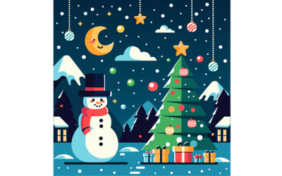 Winter with Snowman Gift Boxes and Tree Illustration