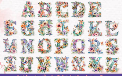 Pacote de clipart de alfabeto floral aquarela