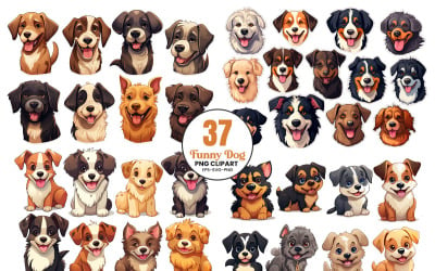 Cute funny dog sublimation sticker png clipart cartoon vector Illustration set