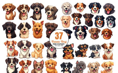 Printable cute funny dog sublimation sticker png clipart cartoon vector Illustration set