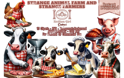Pack de 15 cliparts - Ferme d’animaux étranges et agriculteurs étranges - PNG