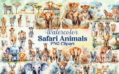 Utskrivbar söt akvarell Safari Djur Clipart PNG-bunt
