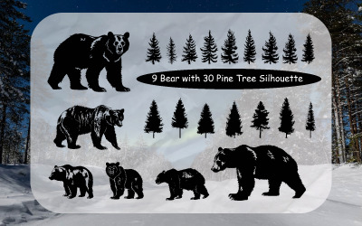 9 Bear with 30 Pine Tree Silhouette