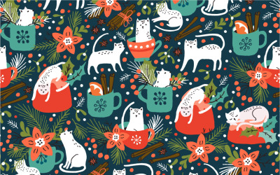 Diseño de patrón y tarjeta navideña de gatitos picantes