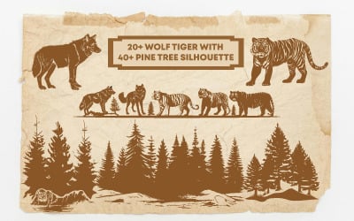 Mais de 20 tigres lobo com silhueta de mais de 40 pinheiros